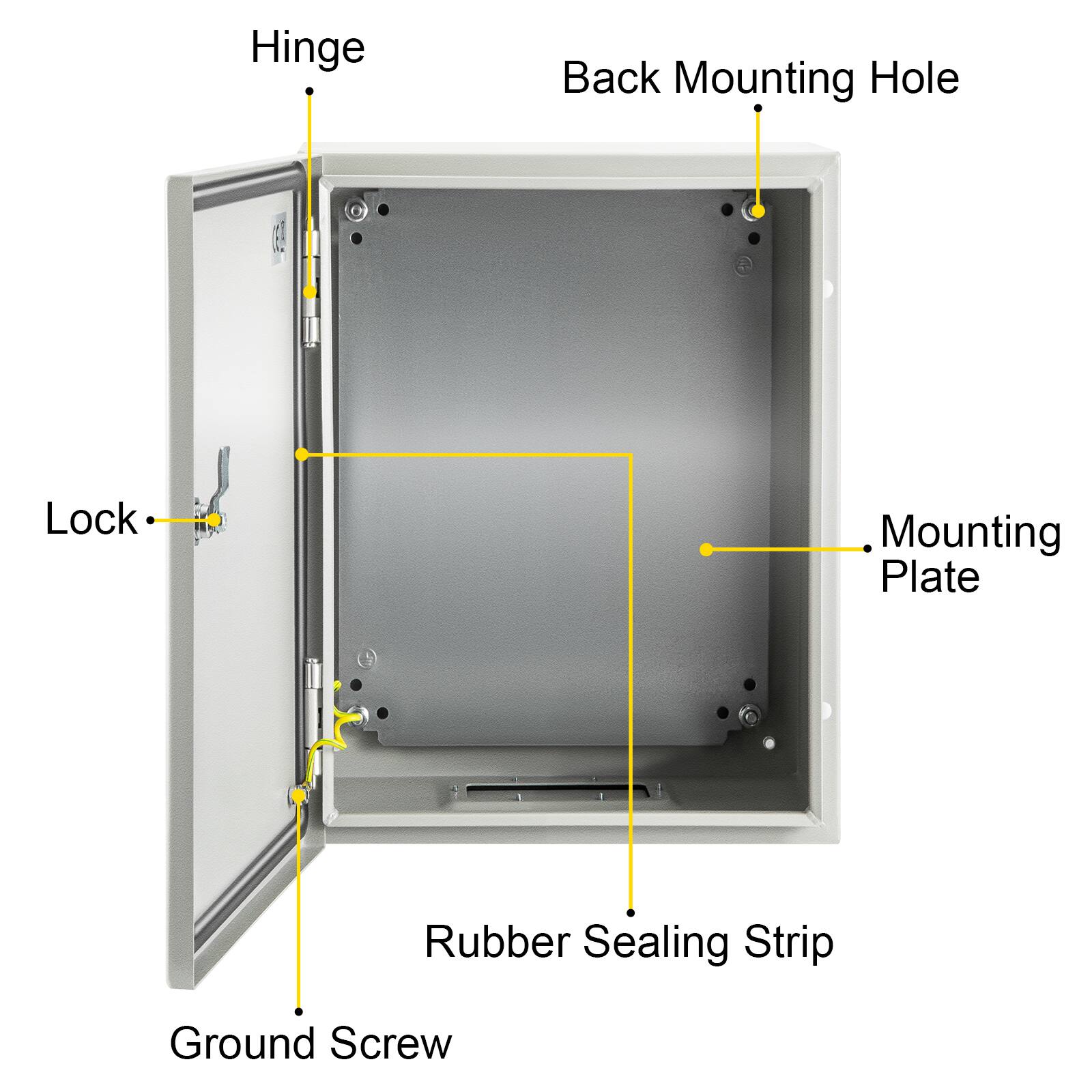 Hinge  
Back Mounting Hole  
Lock  
Mounting Plate  
Rubber Sealing Strip  
Ground Screw