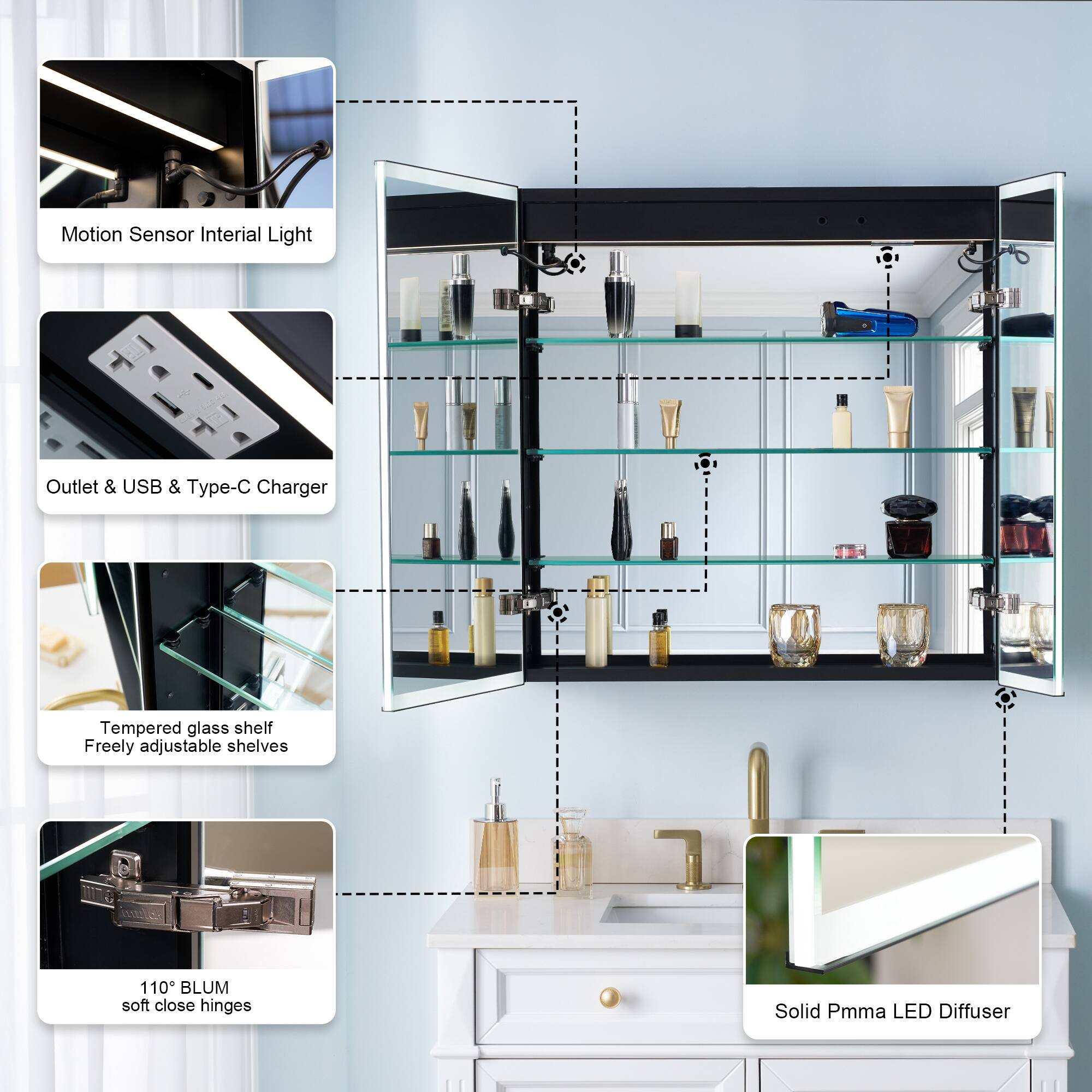 Motion Sensor Inertial Light  
Outlet & USB & Type-C Charger  
Tempered glass shelf  
Freely adjustable shelves  
110° BLUM soft close hinges  
Solid PMMA LED Diffuser