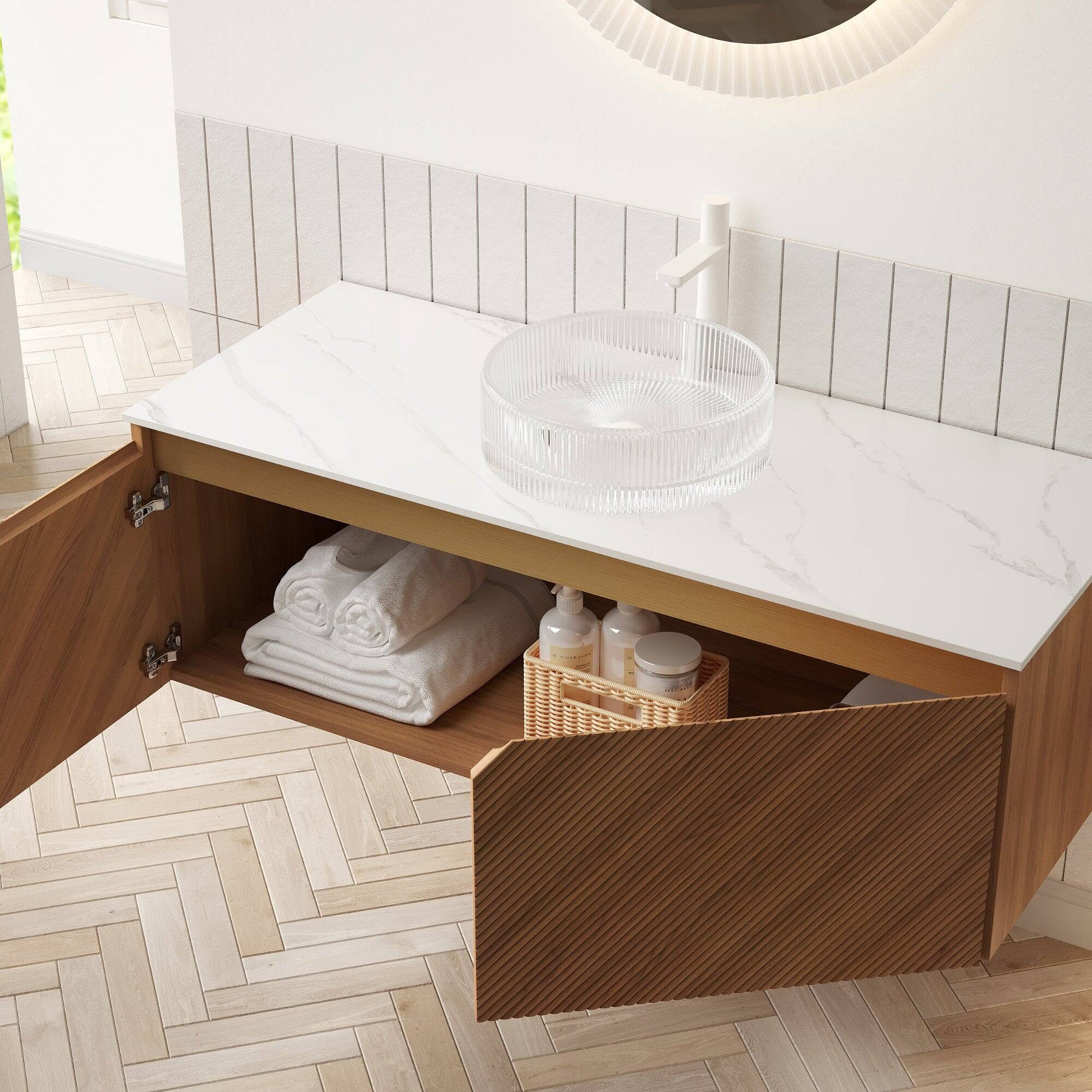 Alt View 2. Boyel Living - 48 Bathroom Vanity with Transparent Round Glass Vessel Basin Carrara White Sintered Stone Corolla Oak - Carrara White,Oak,Transparent.