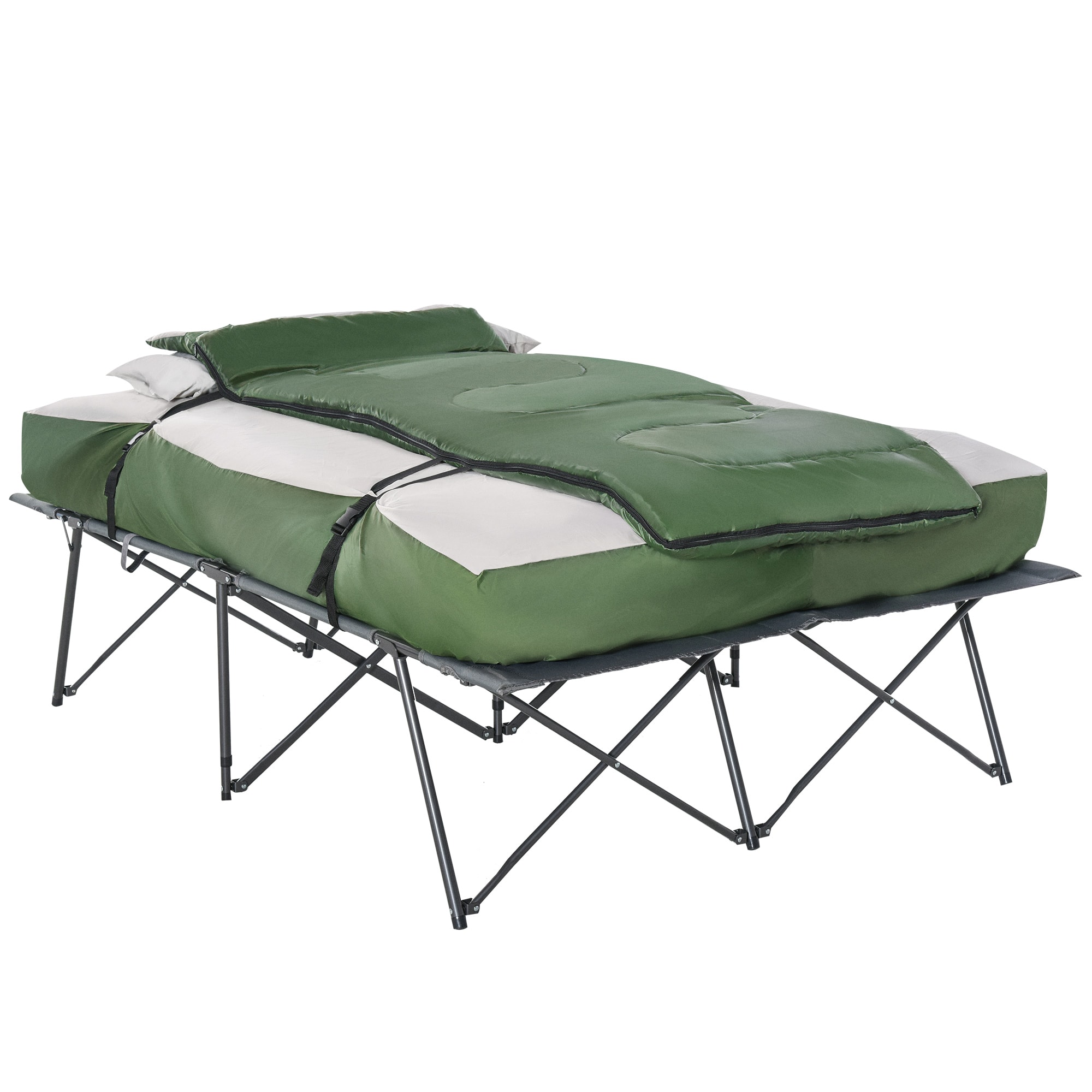 Outsunny - Folding Camping Cot Portable Outdoor Bed Set with Sleeping Bag, Inflatable Air Mattress, Comfort Pillows and Carry Bag - Green