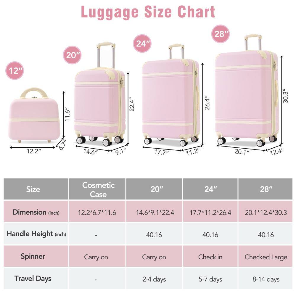 Luggage Size Chart

Size | Cosmetic Case | 20" | 24" | 28"
--- | --- | --- | --- | ---
Dimension (inch) | 12.2*6.7*11.6 | 14.6*9.1*22.4 | 17.7*11.2*26.4 | 20.1*12.4*30.3
Handle Height (inch) | - | 40.16 | 40.16 | 40.16
Spinner | Carry on | Carry on | Check in | Checked Large
Travel Days | - | 2-4 days | 5-7 days | 8-14 days