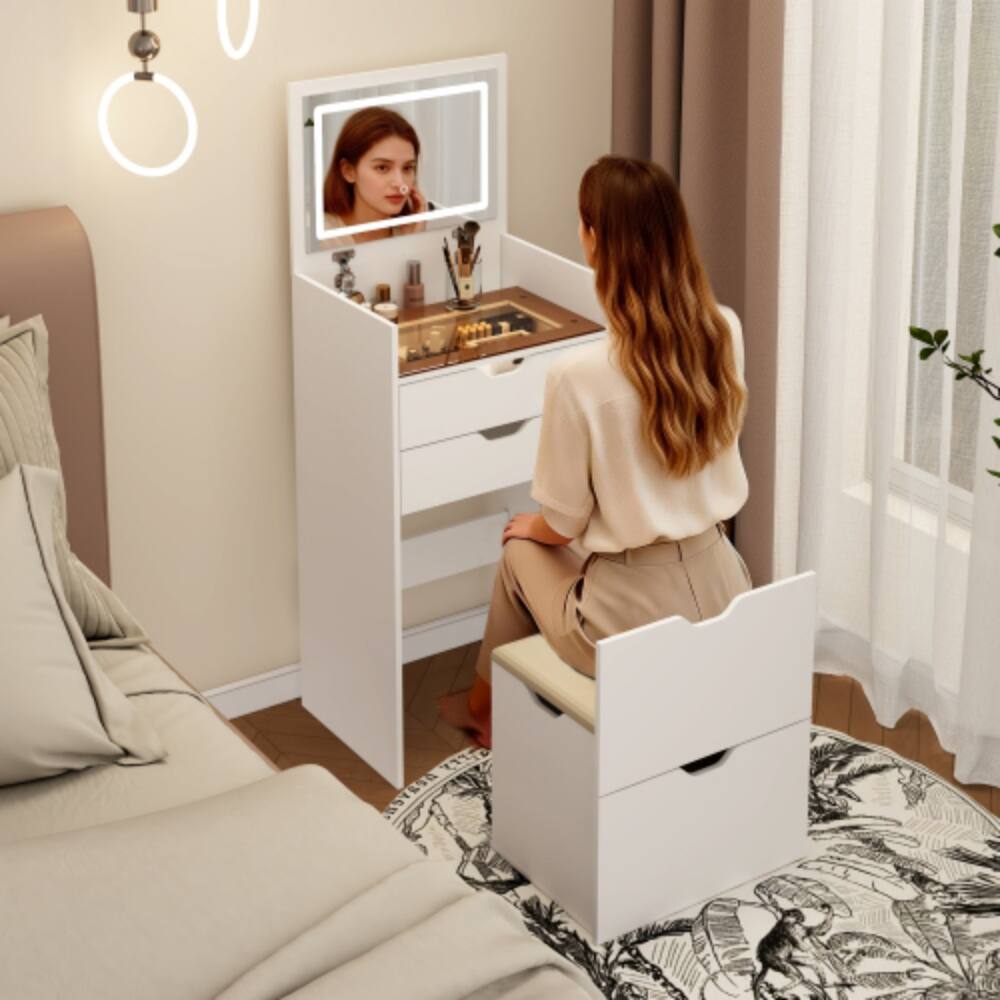Back. LUCKY ONE - 17.9in 3-in-1 Multifunctional Vanity Set with Flip-up LED Mirror, 2 Drawers and Hidden Storage Stool - White.
