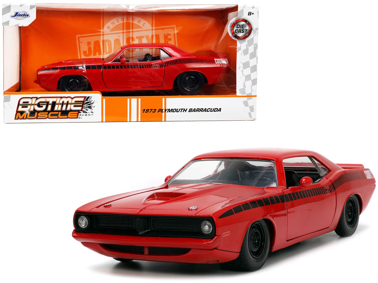 "1973 Plymouth Barracuda Red with Black Stripes ""Bigtime Muscle"" Series 1/24 Diecast Model Car by Jada" price history on PriceWatchPro