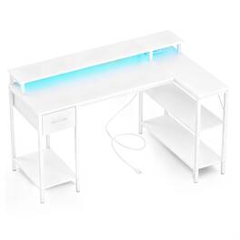 AENKYO - 53" L-Shaped Gaming Desk with Power Outlets, Computer Desk, LED Lighting and Monitor Stand - White