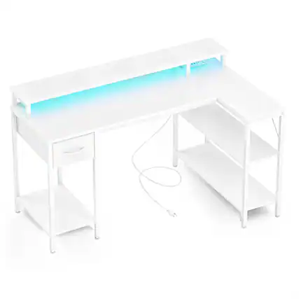 Front. AENKYO - 53" L-Shaped Gaming Desk with Power Outlets, Computer Desk, LED Lighting and Monitor Stand - White.