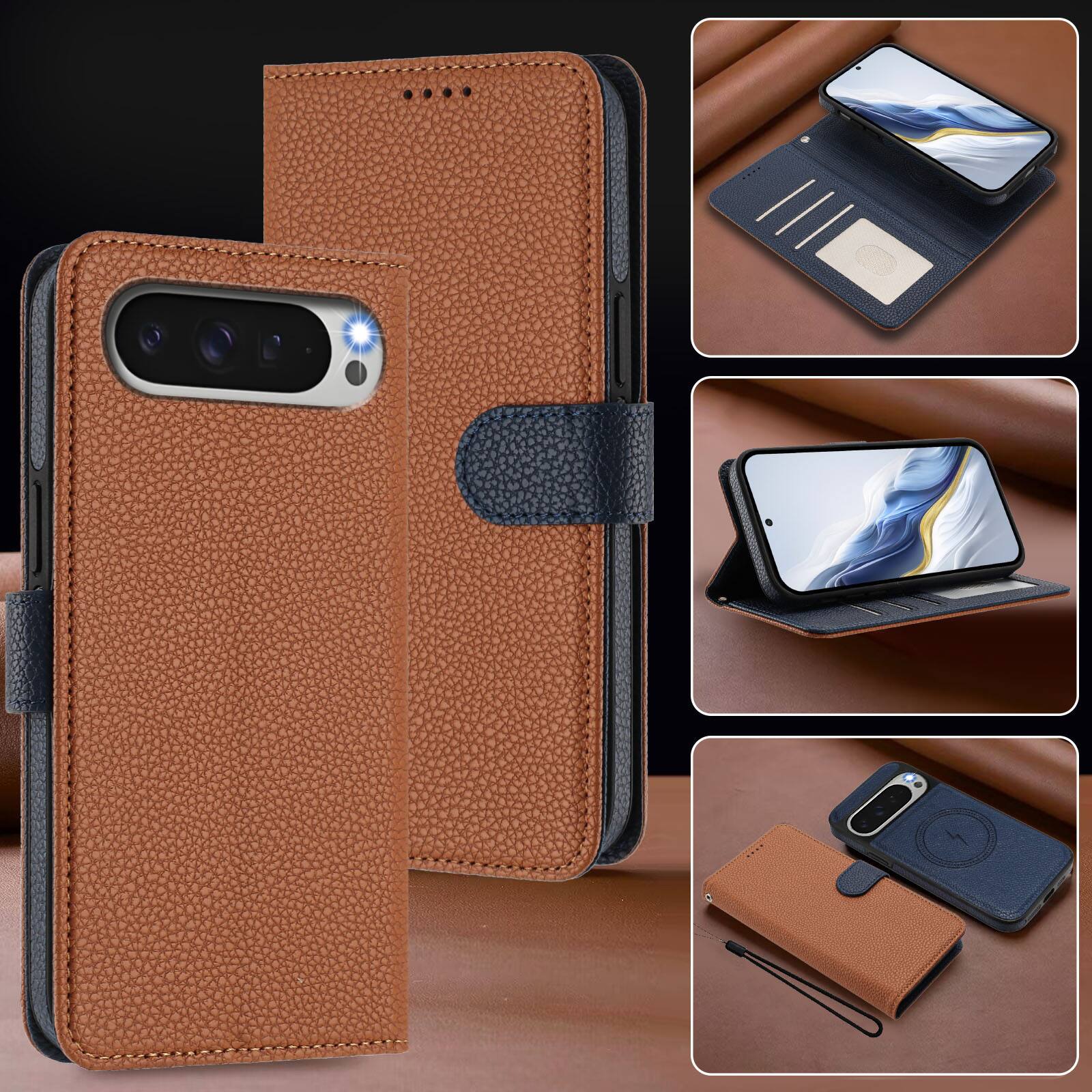 Alt View 5. Dteck - Magnetic Detachable Wallet Case for Google Pixel 10 Pro XL,PU Leather Card Holder Flip Cover with Wrist Strap - Brown.