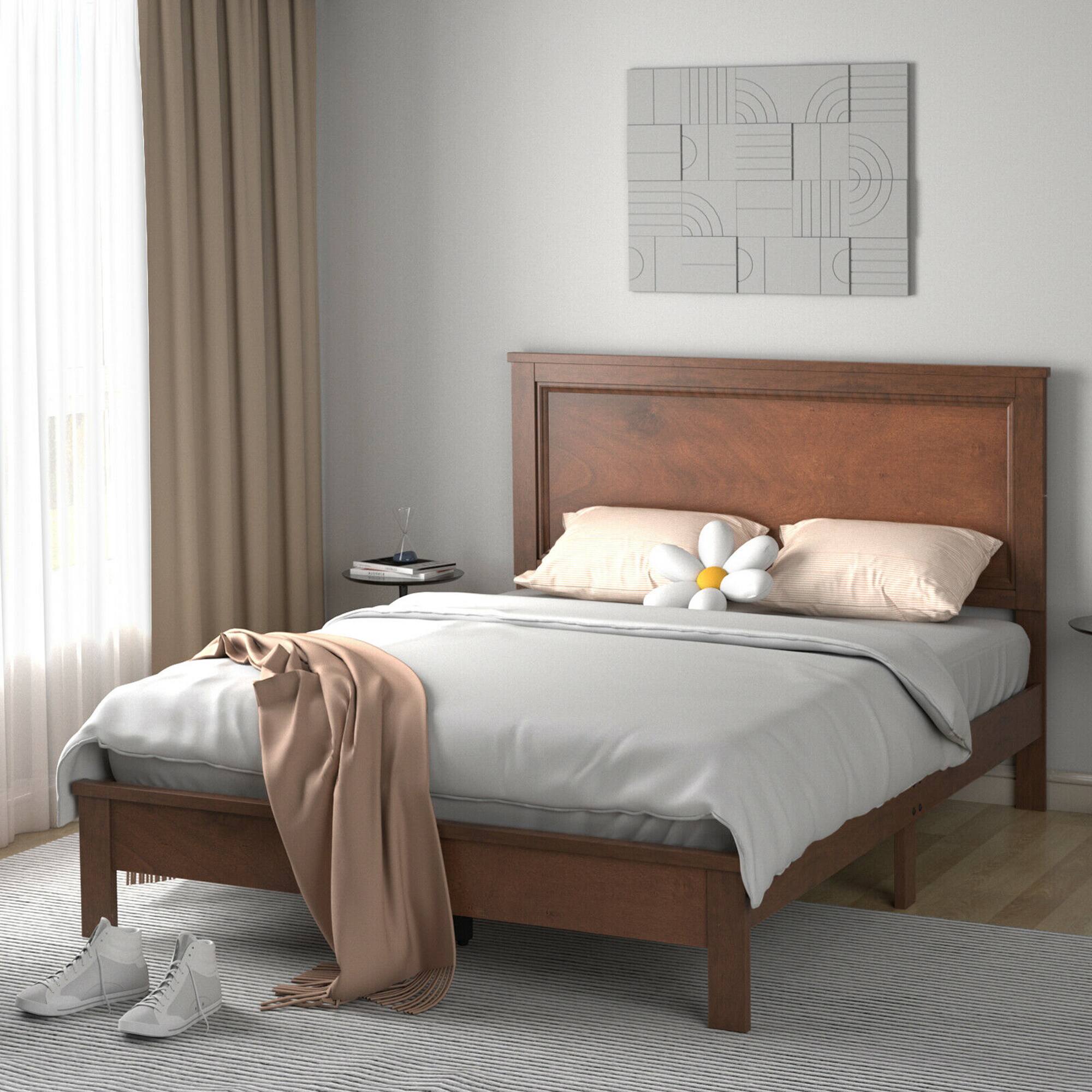 Alt View 4. Gymax - Gymax Full Size Bed Frame Platform Slat High Headboard Bedroom Rubber Wood Leg Walnut - Walnut.