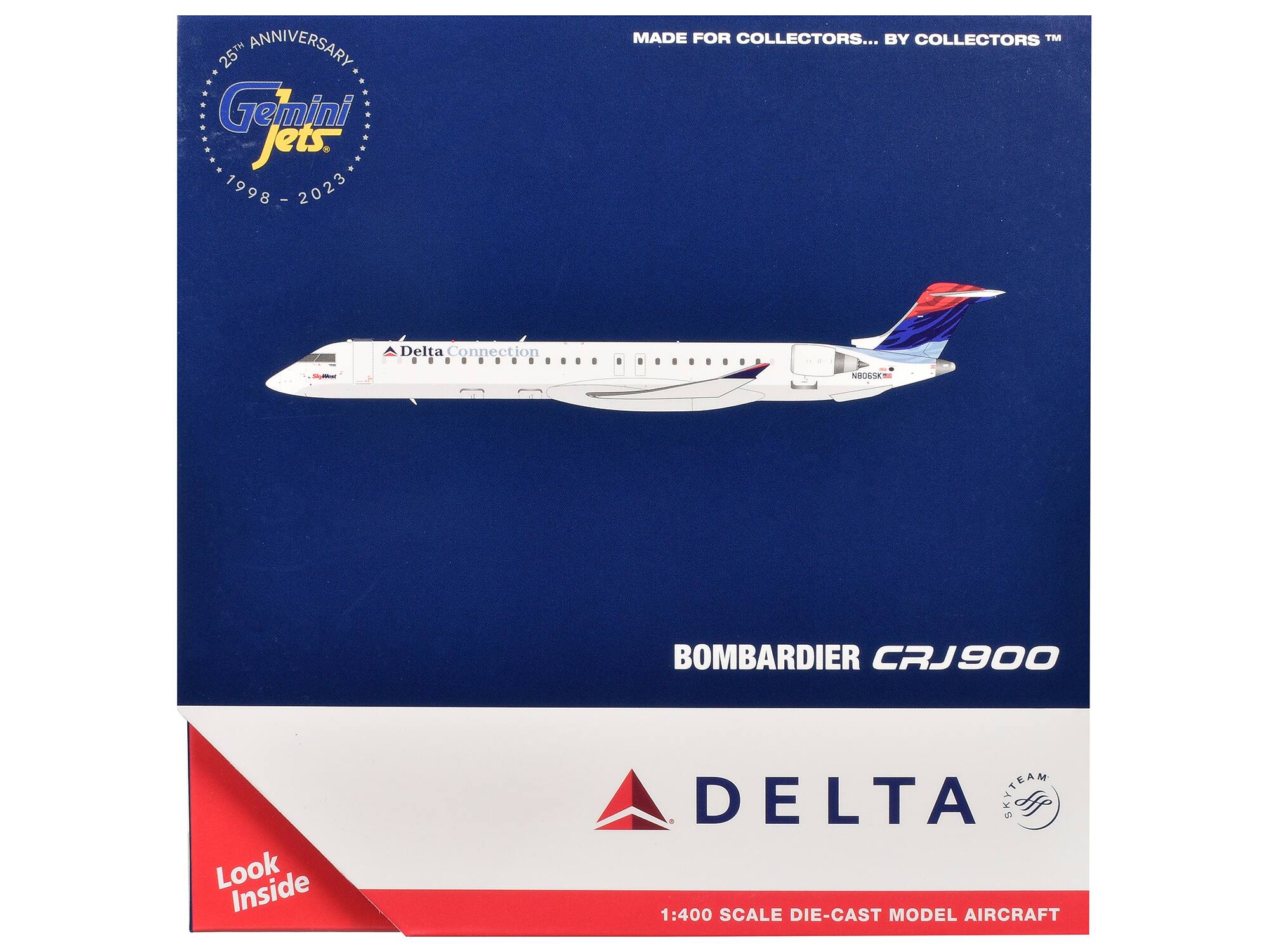 25th Anniversary  
Gemini Jets  
1998 - 2023  

MADE FOR COLLECTORS... BY COLLECTORS™  

BOMBARDIER CRJ900  

DELTA  
SKYTEAM  

1:400 SCALE DIE-CAST MODEL AIRCRAFT  

Look Inside