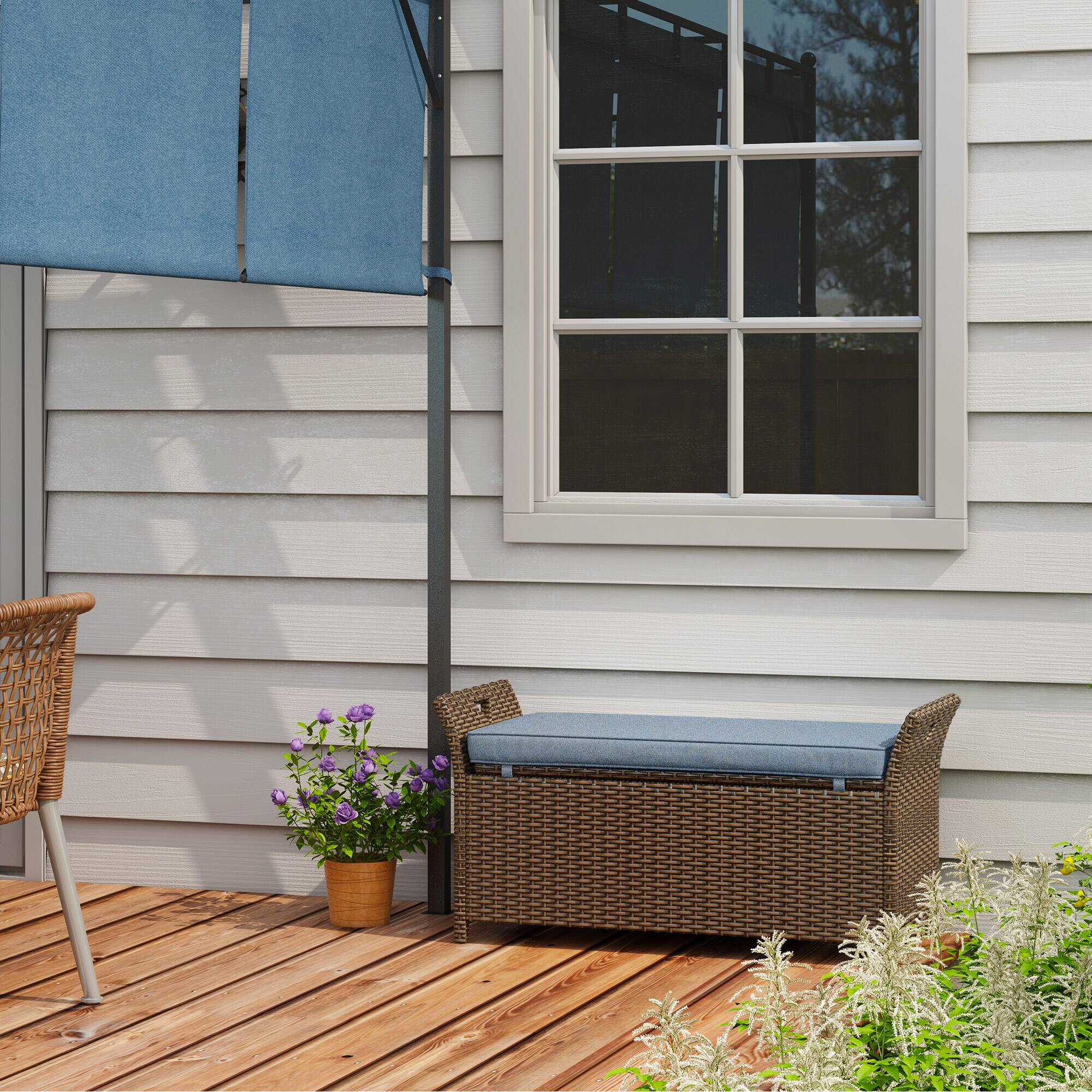 Alt View 1. Outsunny - Outdoor Patio Wicker Storage Bench, 2-In-1 Rattan Patio Furniture, 29 Gal Storage Box w/ Cushion - Dark Blue.