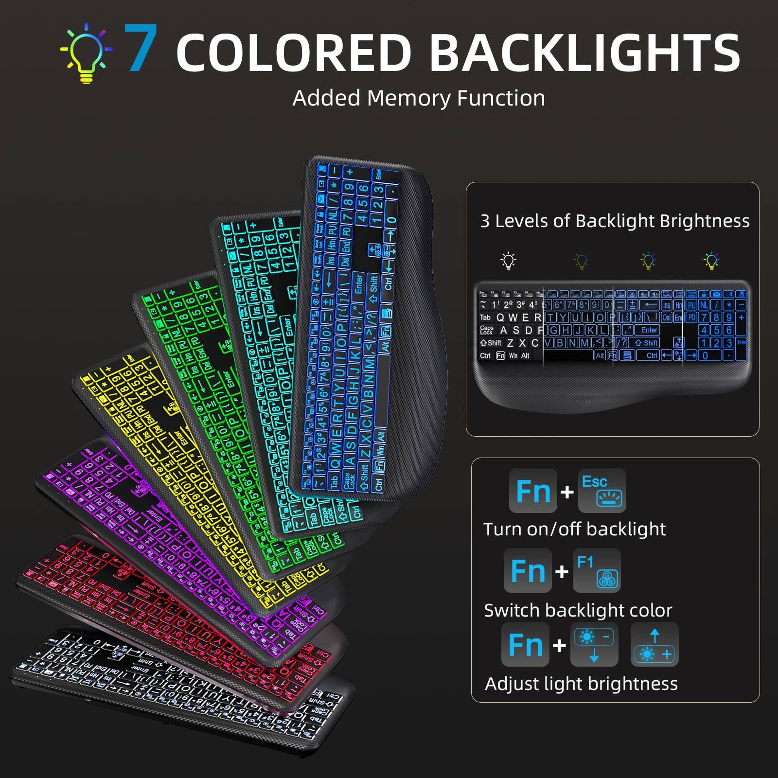 7 COLORED BACKLIGHTS  
Added Memory Function  

3 Levels of Backlight Brightness  

Fn + Esc  
Turn on/off backlight  

Fn + F1  
Switch backlight color  

Fn +  
Adjust light brightness