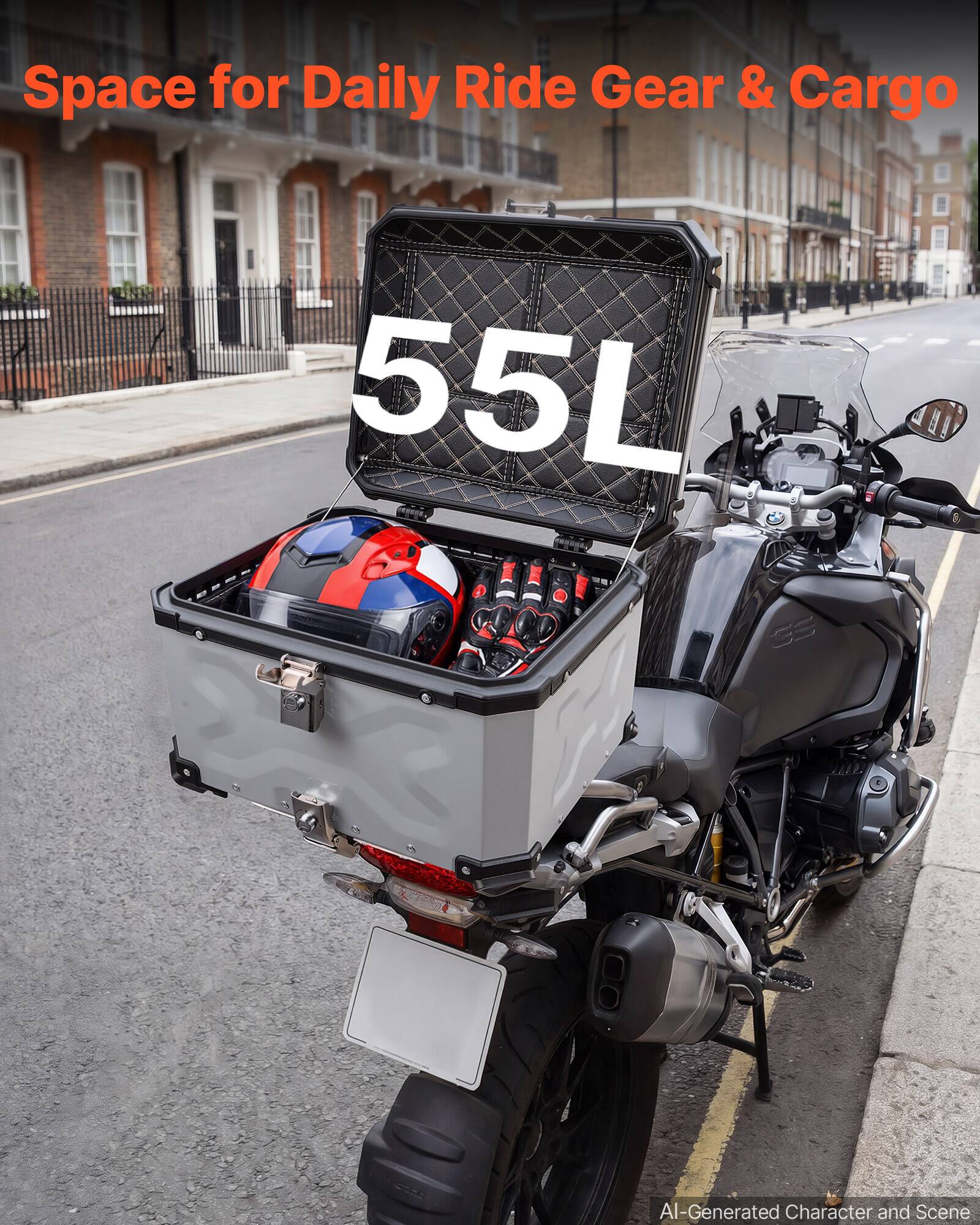 Space for Daily Ride Gear & Cargo  
55L  
AI-Generated Character and Scene