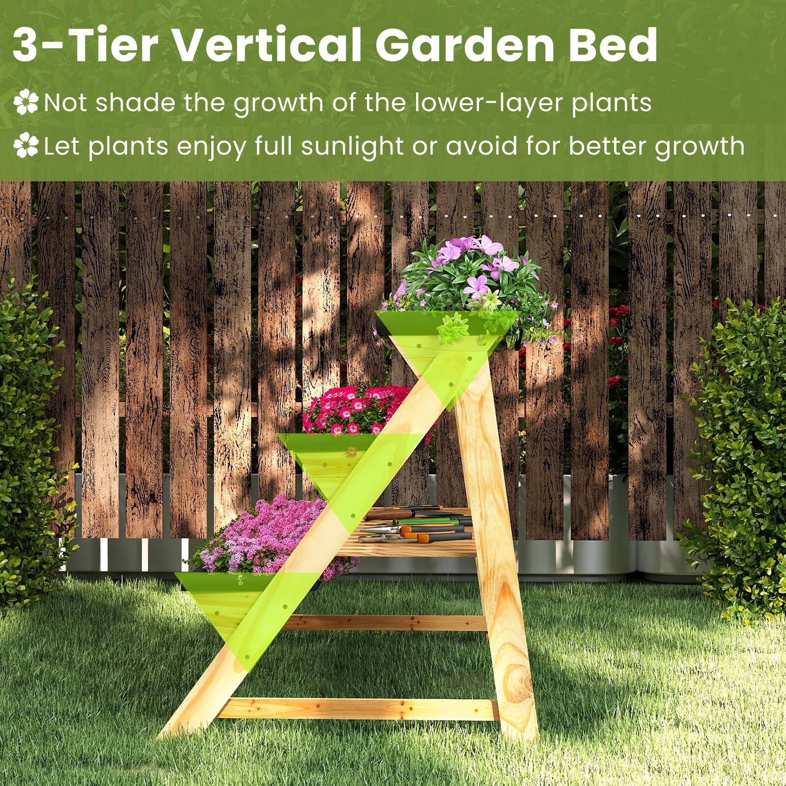 3-Tier Vertical Garden Bed

- Not shade the growth of the lower-layer plants
- Let plants enjoy full sunlight or avoid for better growth