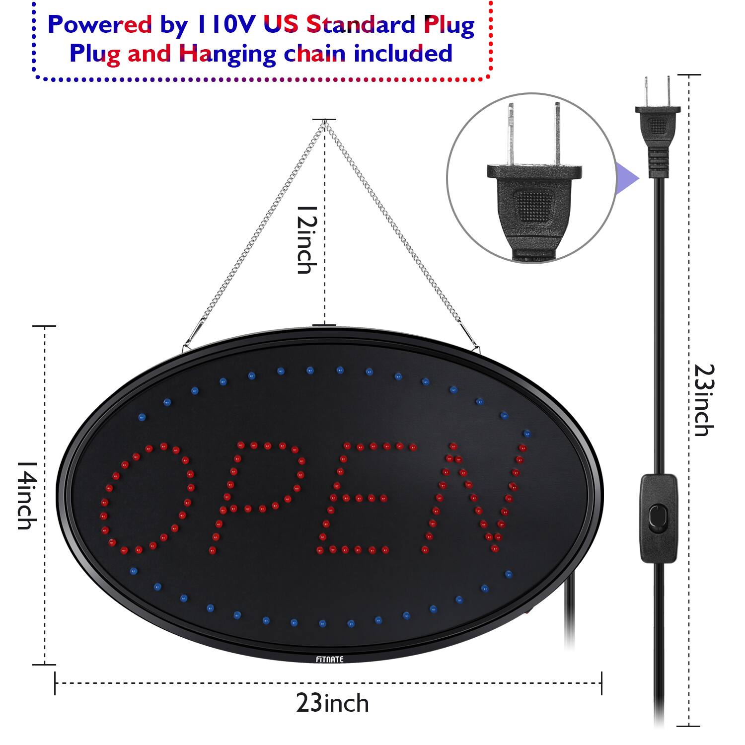 Powered by 110V US Standard Plug  
Plug and Hanging chain included  

12 inch  
4 inch  
23 inch  
23 inch  

OPEN
