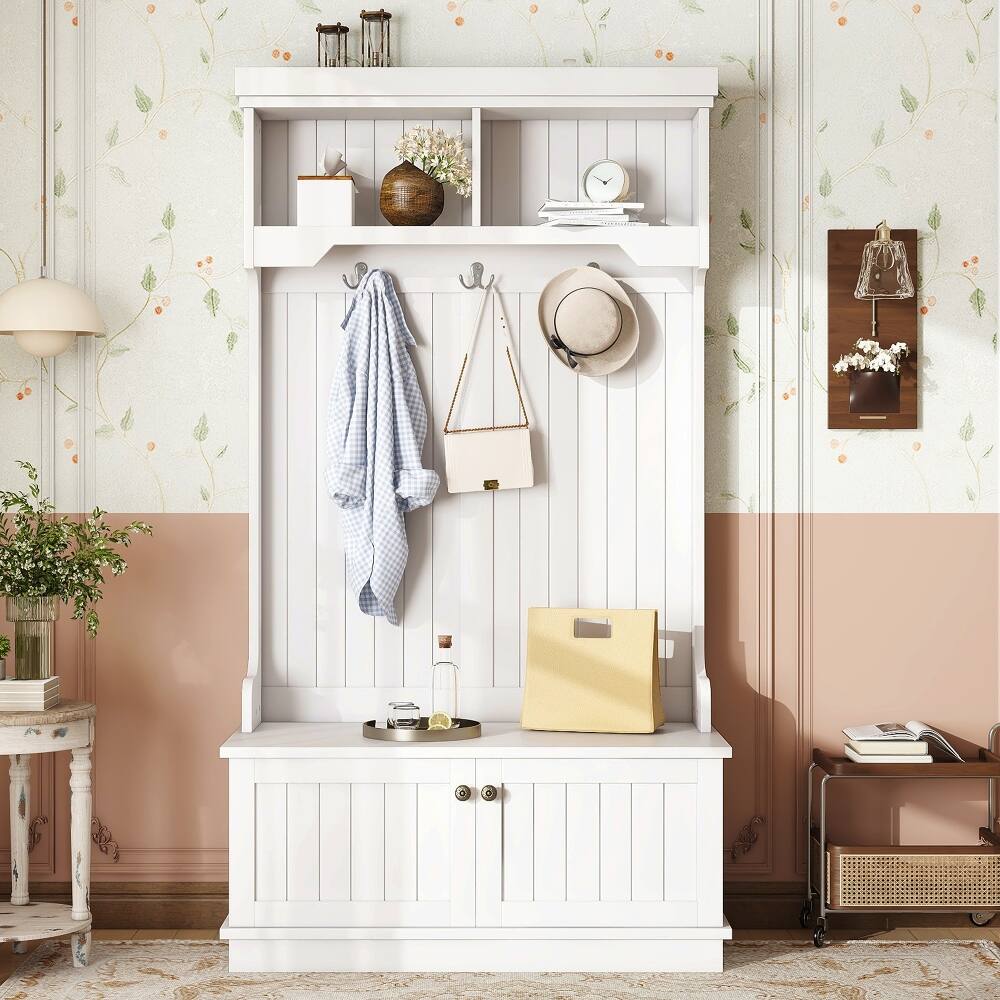 Front. Loheer - Loheer White Hall Tree with Shoe Bench, Multifunctional Entryway Coat Rack with Storage Cabinet - White.