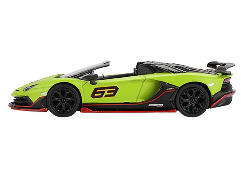 Angle. Mini GT - Lamborghini Aventador SVJ 63 Roadster Verde Shock Green Limited Edition 1/64 Diecast Model Car by Mini GT - Green.
