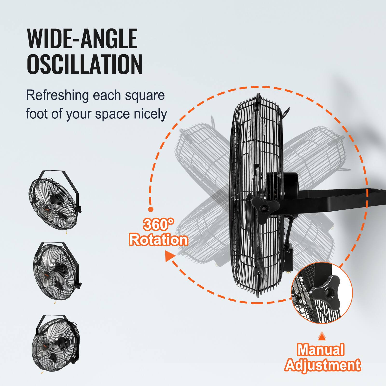 WIDE-ANGLE OSCILLATION, Refreshing each square foot of your space nicely, 360° Rotation, Manual Adjustment