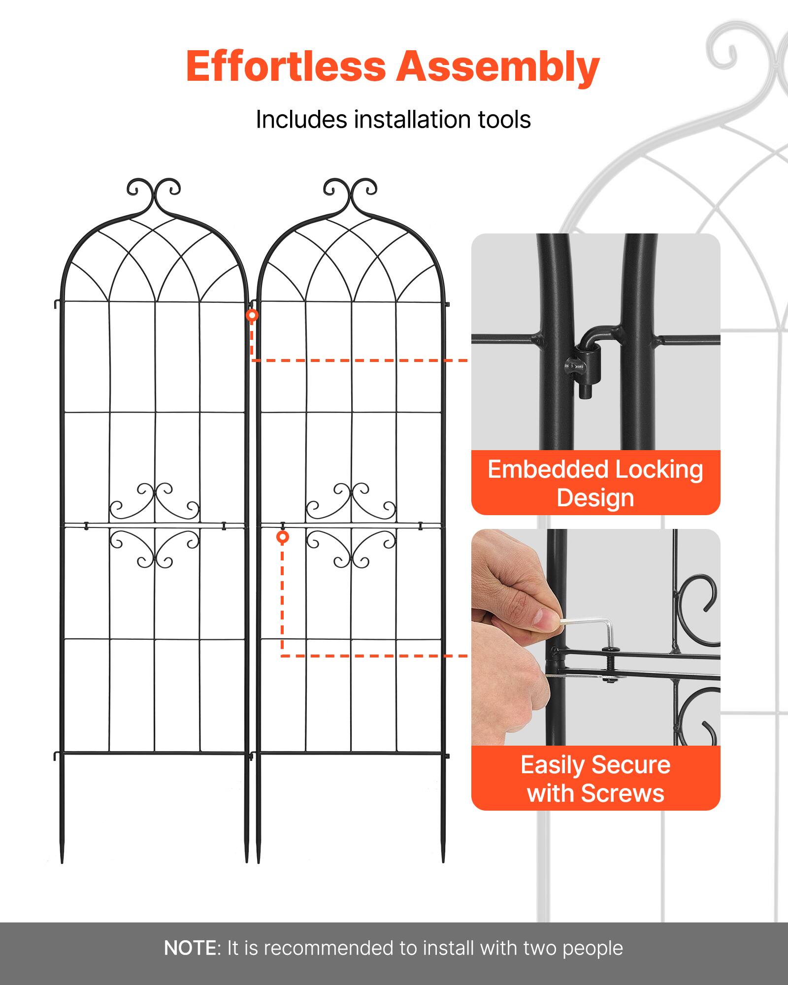 Effortless Assembly  
Includes installation tools

Embedded Locking Design  
Easily Secure with Screws

NOTE: It is recommended to install with two people