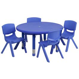 Emma + Oliver - 33" Round Plastic Height Adjustable Activity Table Set with 4 Chairs - Blue