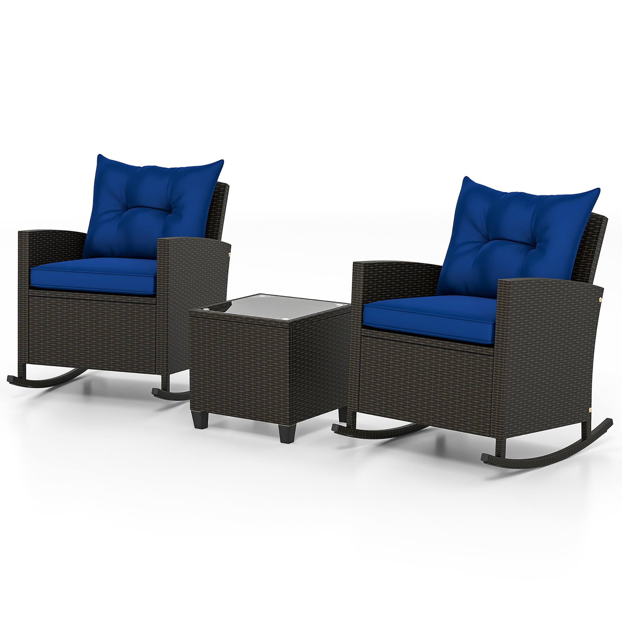 Alt View 5. Gymax - Gymax Set of 3 Wicker Rocking Set w/ Tempered Glass Table Patio Outdoor Navy - Navy.