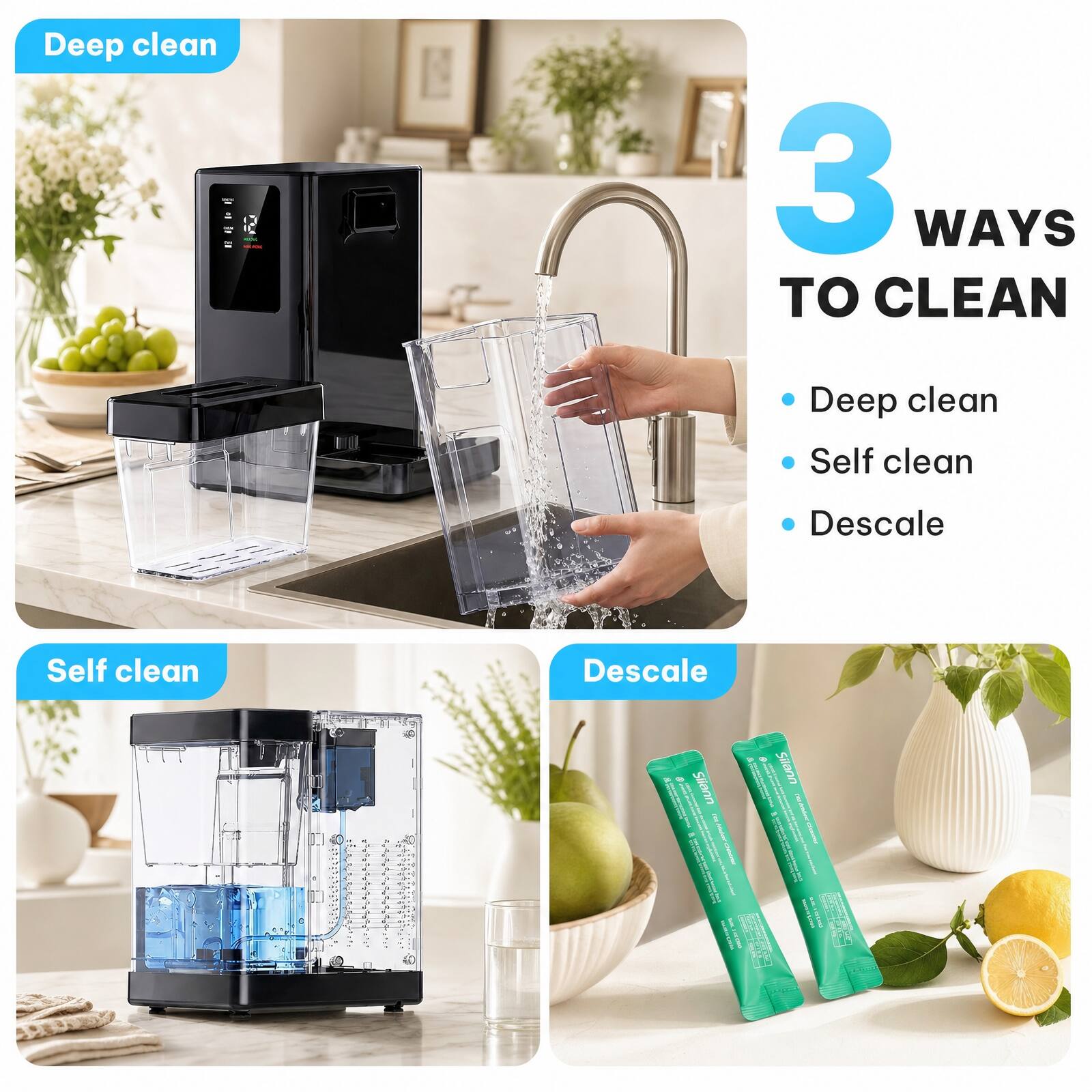 Deep clean  
3 WAYS TO CLEAN  
- Deep clean  
- Self clean  
- Descale  

Self clean  

Descaling