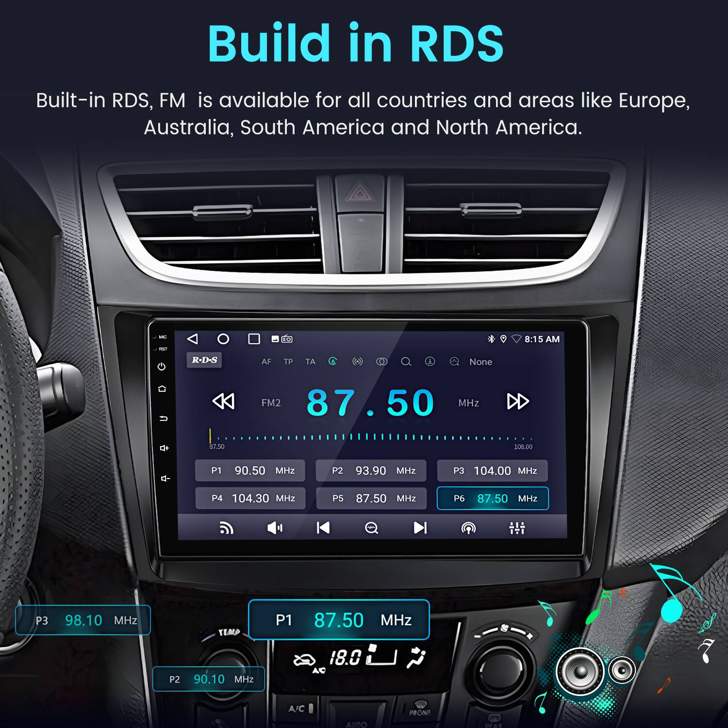 Build in RDS

Built-in RDS, FM is available for all countries and areas like Europe, Australia, South America and North America.