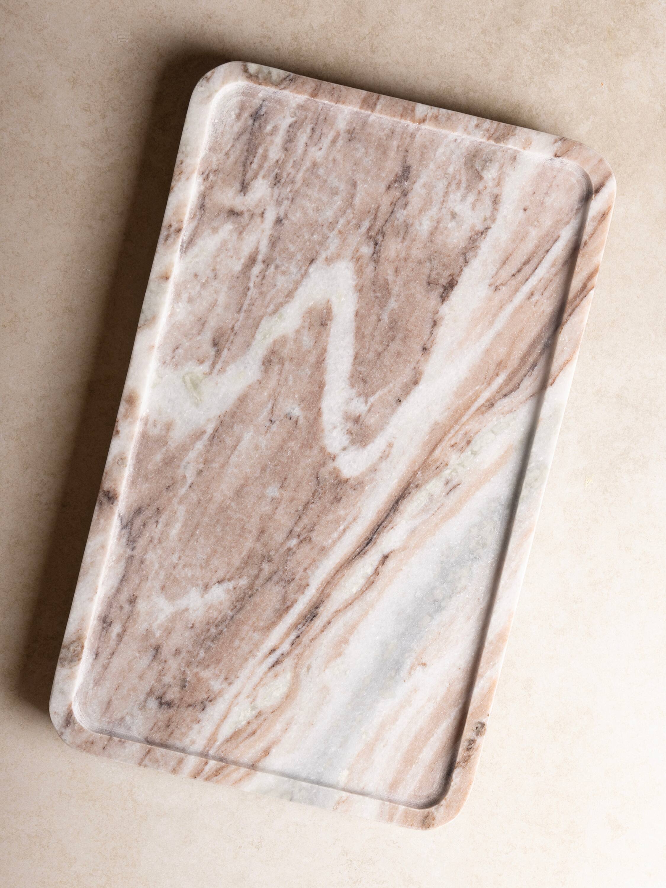 Angle. GAURI KOHLI - Clover Marble Tray - Shades of beige, brown and gray.