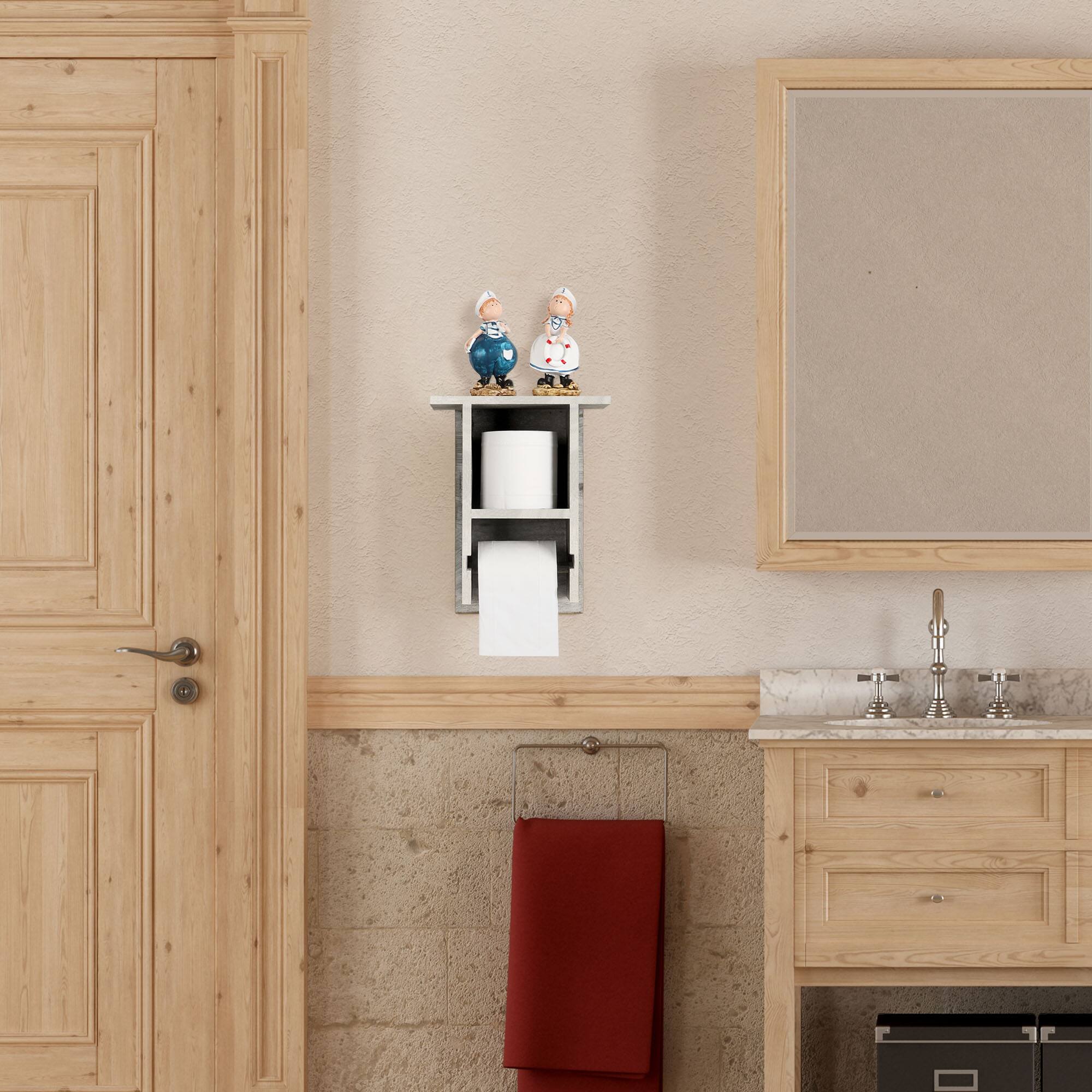 Alt View 2. Oumilen - Wall Mounted Double Toilet Paper Holder with Shelf – Olive Green Rustic Wood Tissue Rack.