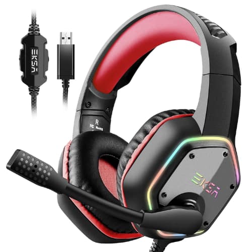 EKSA Telecom - CE1000 Gaming Headset – Red, Noise-Canceling Mic, RGB Light, 7.1 Surround Sound, PC, PS4, PS5, Laptop