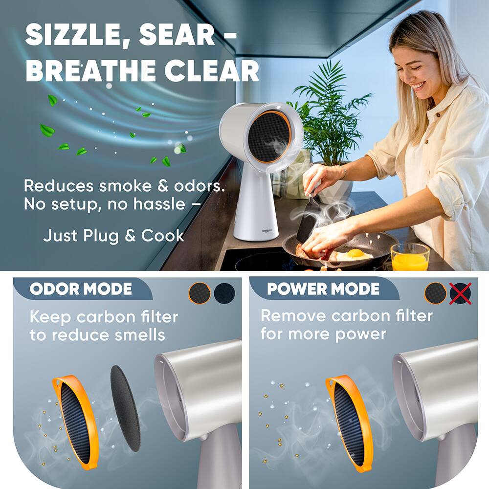 Sizzle, Sear - Breathe Clear

Reduces smoke & odors. No setup, no hassle - Just Plug & Cook

Odor Mode
Keep carbon filter to reduce smells

Power Mode
Remove carbon filter for more power