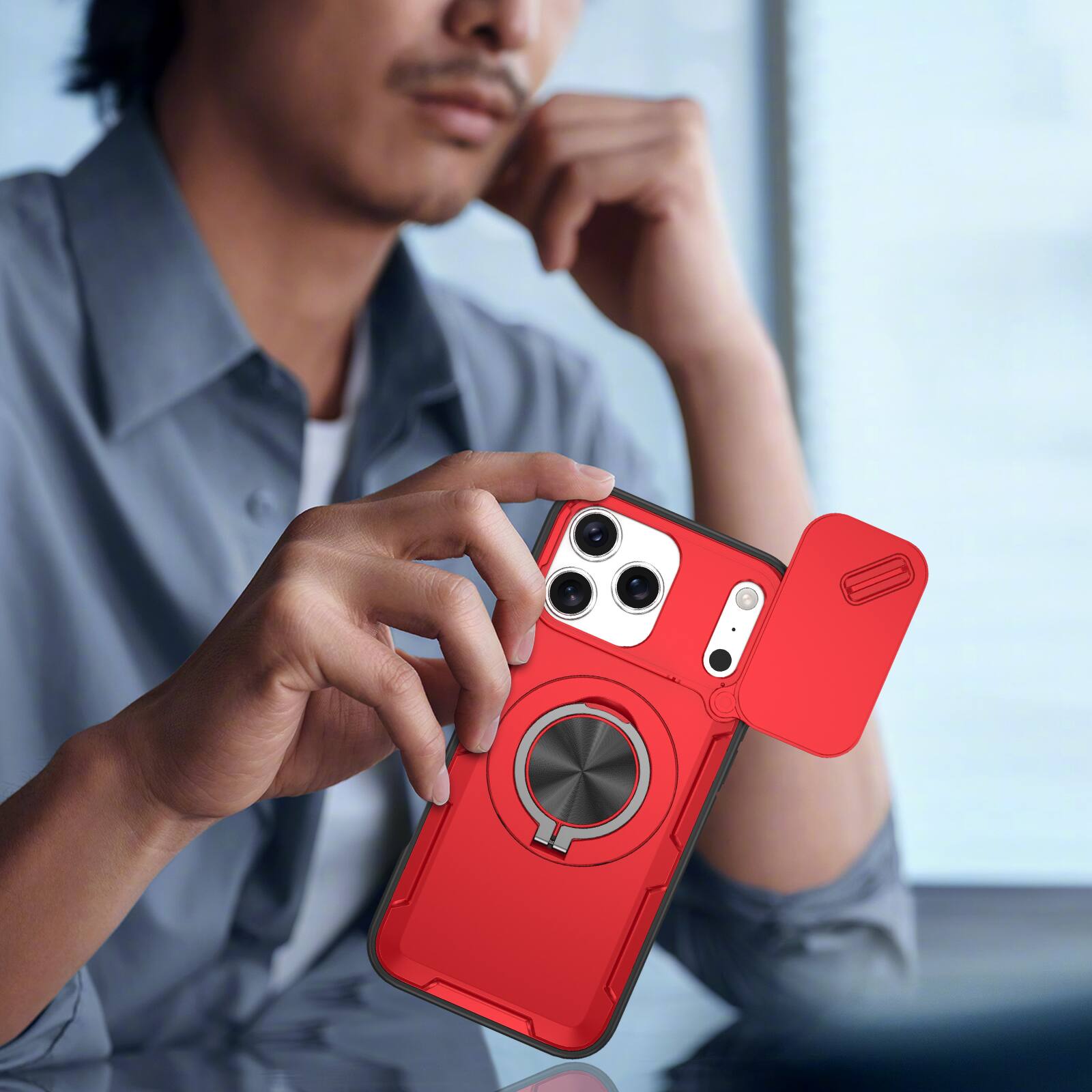 Alt View 2. Dteck - Rotating Ring Kickstand For iPhone 17 Pro Max Case, Magnetic Shockproof Hard PC TPU Bumper Cover - Red.