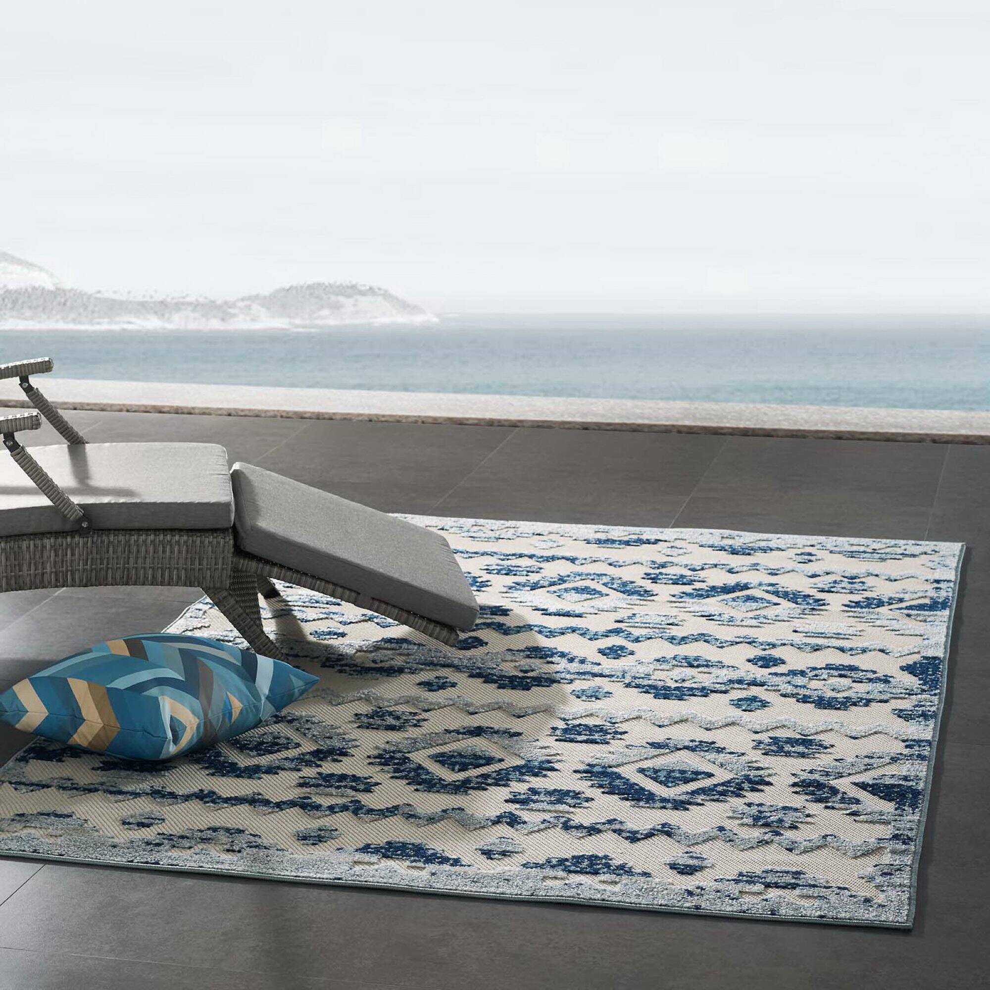 Left. Modway - Reflect Takara Abstract Diamond Moroccan Trellis Indoor and Outdoor Area Rug - Ivory and Blue.