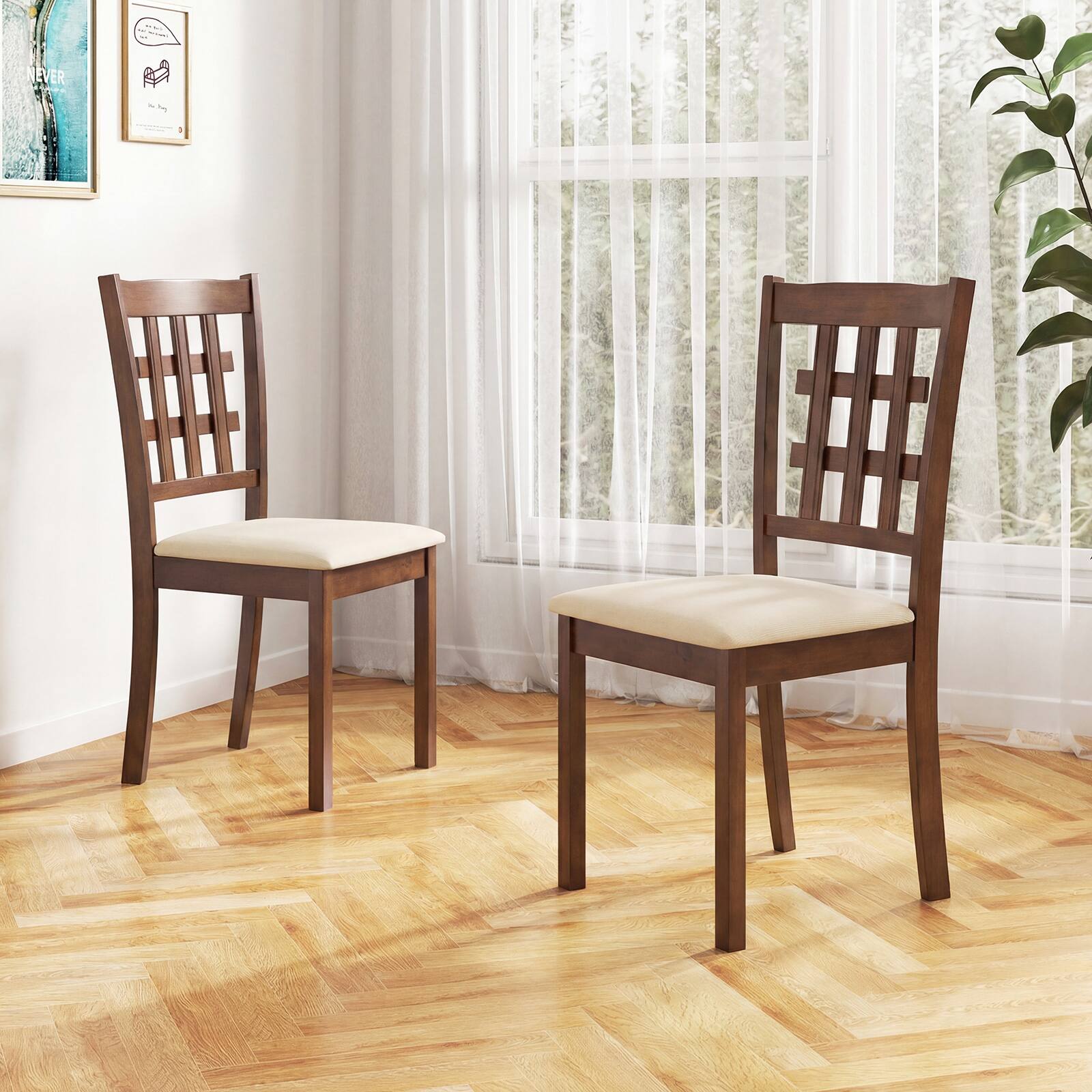 Alt View 1. Costway - Costway Farmhouse Armless Dining Chair Set of 2 with Upholstered Seat, Rubber Wood Legs - Oak,Grey.