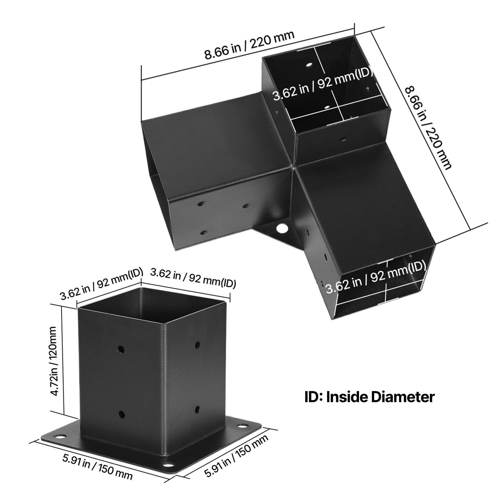 220 mm in I 8.66 - I 92 mm (ID)  
3.62 in I 8.66 in I 220 mm mm (ID)  
3.62 in I 92 in I 92 mm (ID)  
3.62 in I 92 mm (ID)  
120 mm I 4.72 in  
5.91 in I 150 mm  
5.91 in / 150 mm  
5.91 in  
ID: Inside Diameter