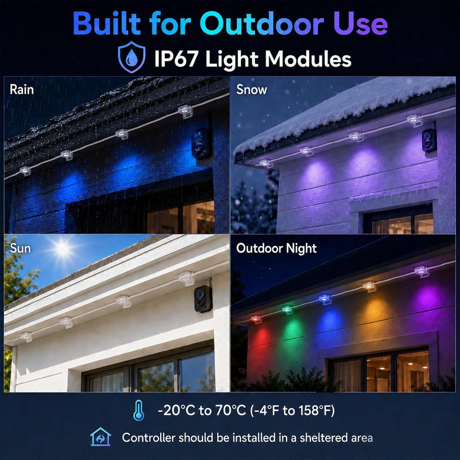 Built for Outdoor Use  
IP67 Light Modules  

Rain  
Snow  
Sun  
Outdoor Night  

-20°C to 70°C (-4°F to 158°F)  

Controller should be installed in a sheltered area