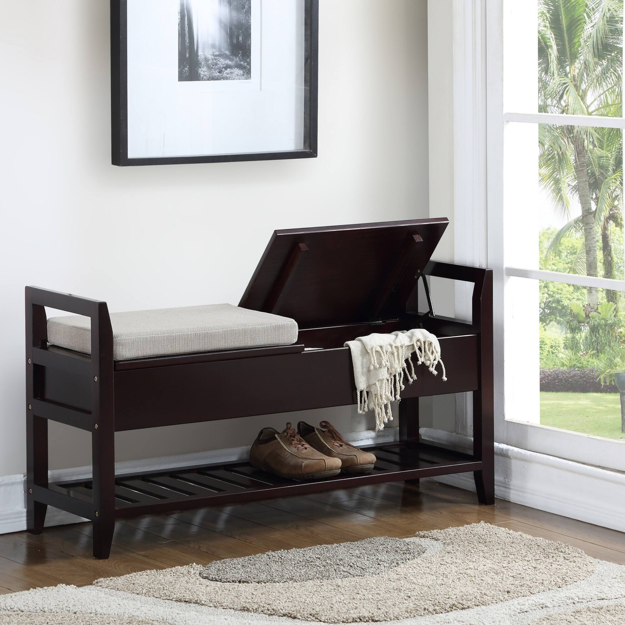 Angle. GOODSILO - Espresso Wood Storage Bench with Shoe Rack and Upholstered Seating for Entryway Organization - Espresso.