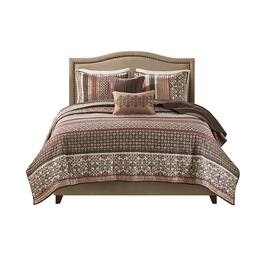 Gracie Mills - Irmgard 5-Piece Reversible Jacquard Quilt Set with Throw Pillows - Red