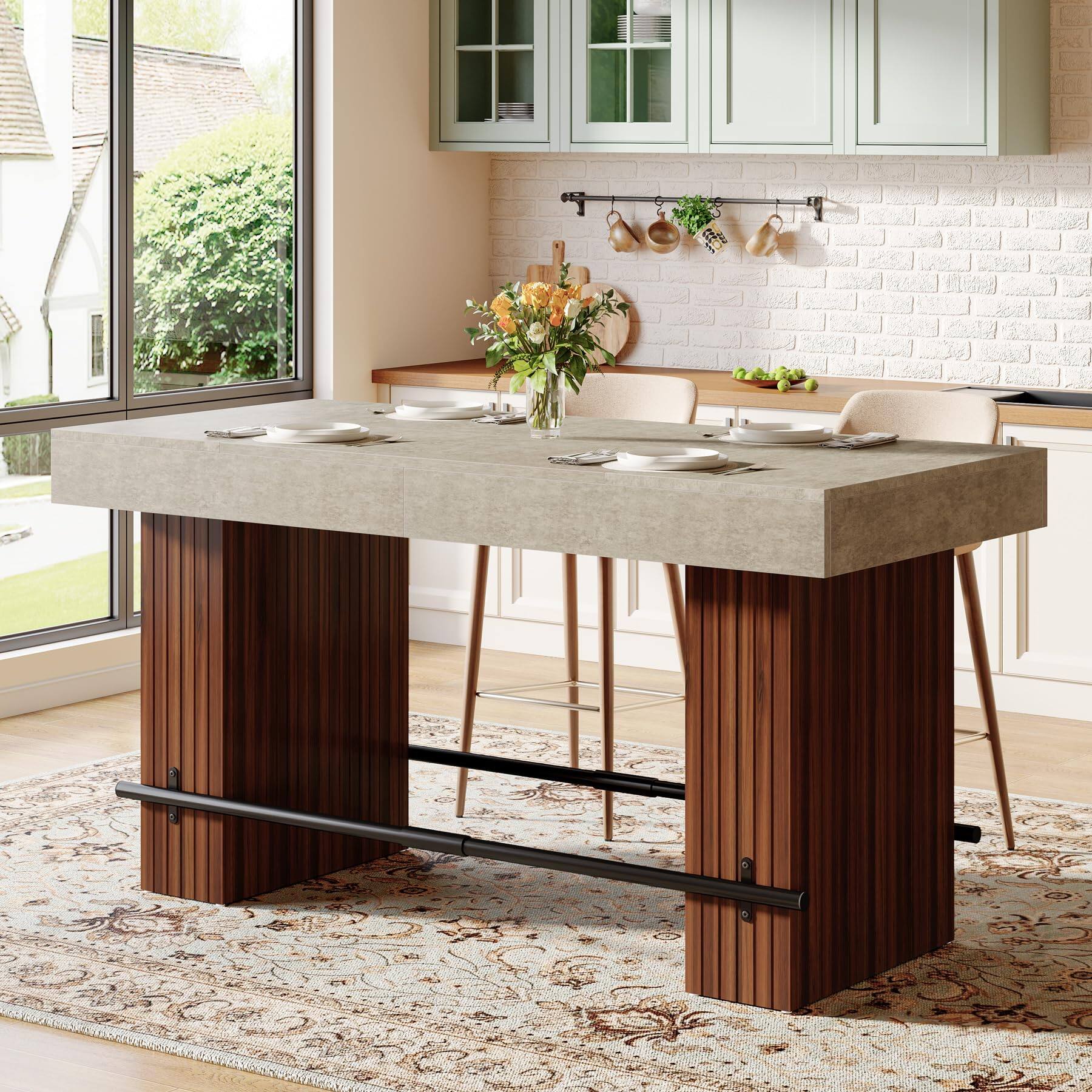 Alt View 1. Tribesigns - 62.2" Dining Table for 4-6, Counter Height Dining Room Table - Gray Cement and Red Brown.