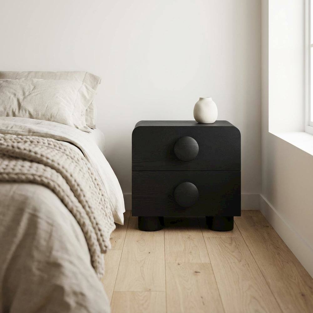 Angle. FurniFact - Black 2-Drawer Nightstand with Modern Design and Sturdy Construction - Black.