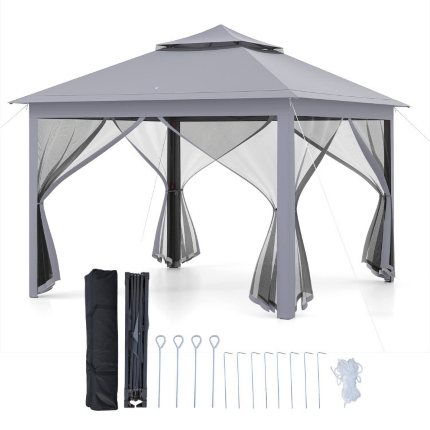 Alt View 4. Mondawe - 11x11 FT 2-Tier Pop Up Gazebo Tent w Mesh Sidewalls & Carry Bag Waterproof 3-Level Height - Gray.