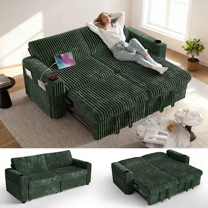 Front. Vipbear - Vipbear 91" Sectional Sleeper Sofa Bed with Pull Out Bed, L Shaped Couch Sleeper Sofa,Plush Corduroy Green - Green.