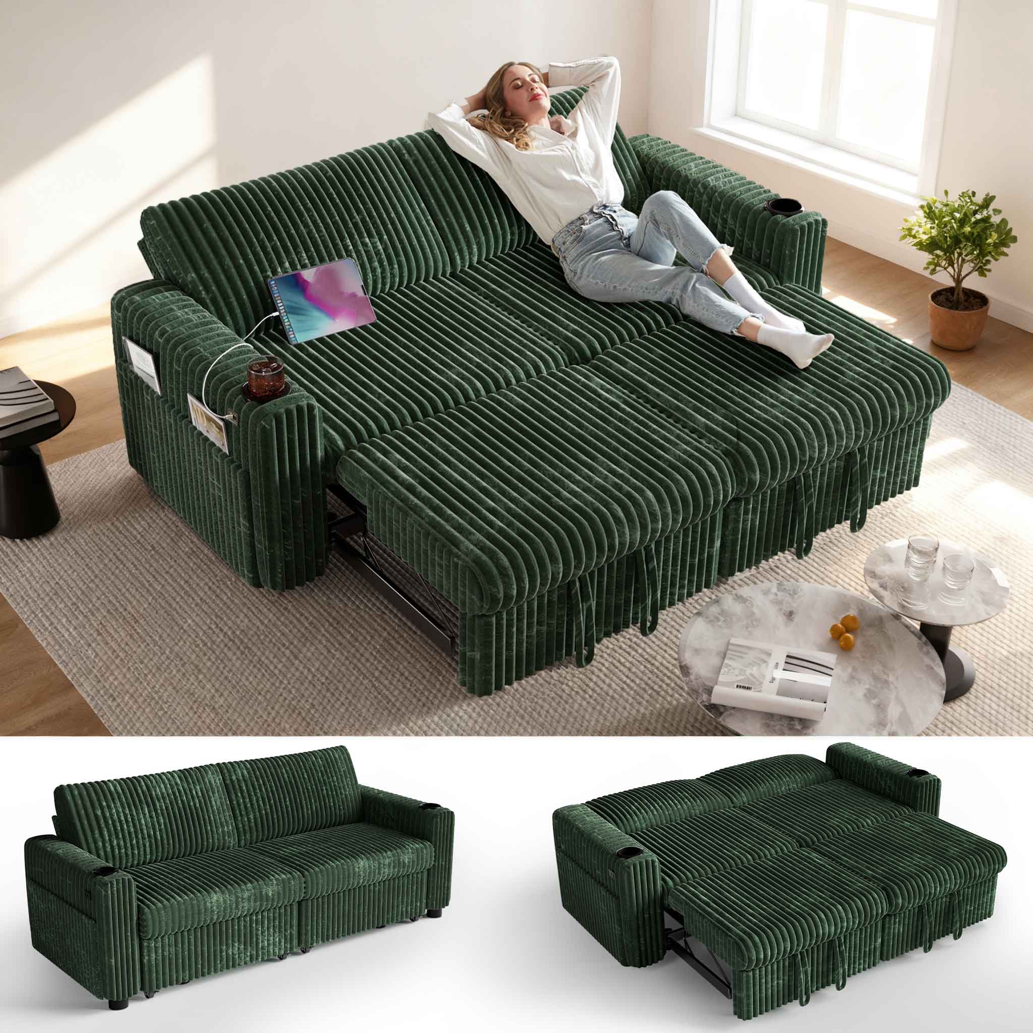 Vipbear - 91" Sectional Sleeper Sofa Bed with Pull Out Bed, L Shaped Couch Sleeper Sofa,Plush Corduroy Green - Green