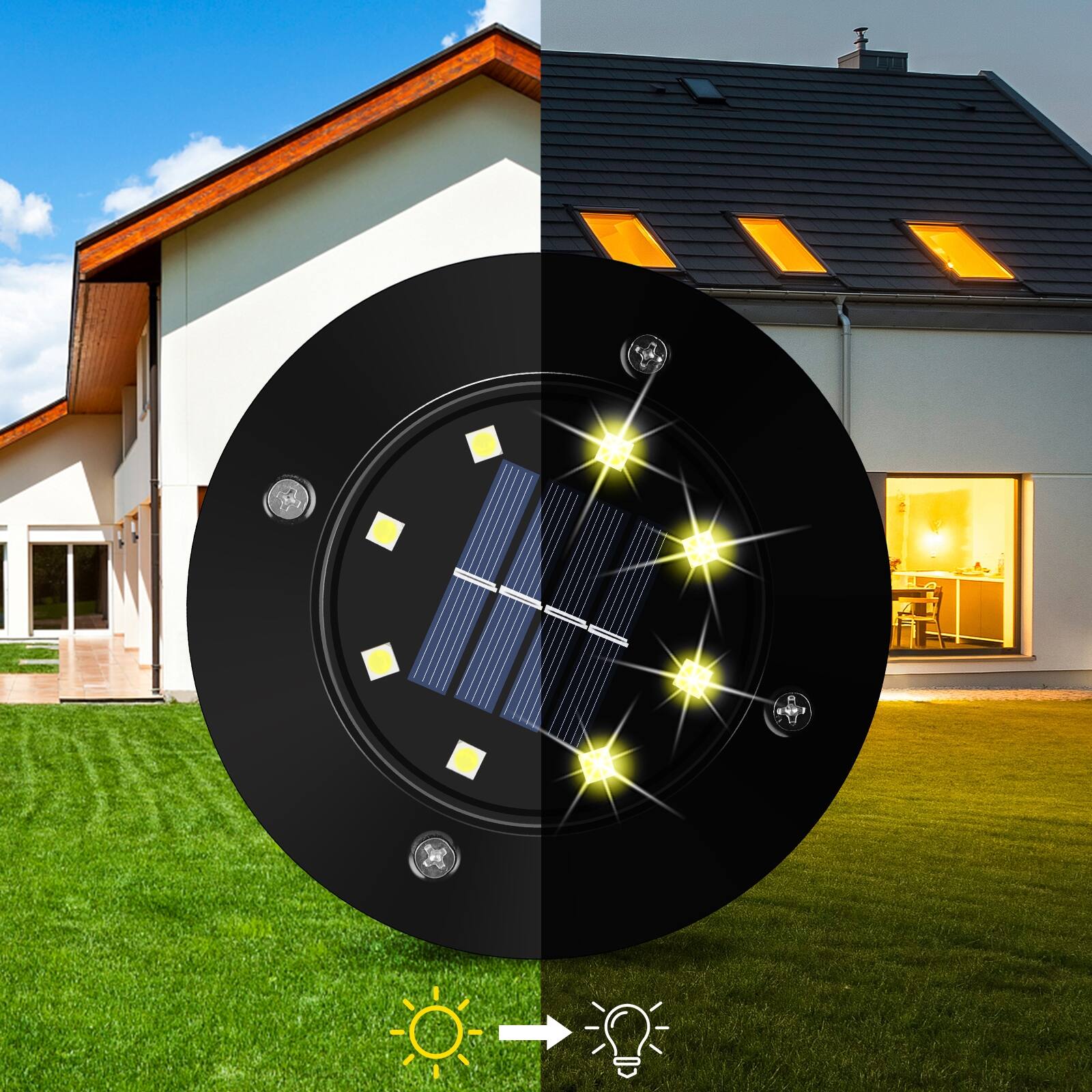 Left. Oumilen - 8-Pack Solar Ground Lights, 8 LED Warm White Solar Disk Lights IP65 Waterproof Stainless Steel In-Ground for Yard.
