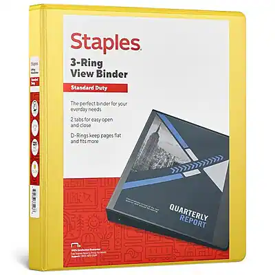 Staples
3-Ring View Binder
Standard Duty
The perfect binder for your everyday needs
2 tabs for easy open and close
D-Rings keep pages flat and fits more
QUARTERLY REPORT