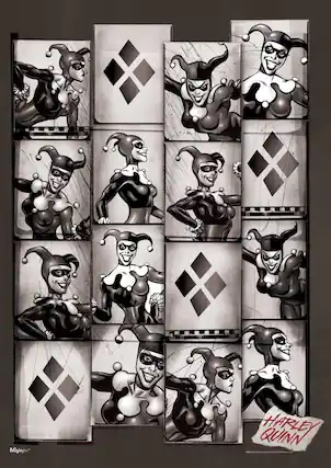 Sure, here is the corrected and grouped text from the image:
---
**Mighty Quinn**
**Harley Quinn**
---
The text "Mighty Quinn" is located in the bottom left corner, and "Harley Quinn" is written in red at the bottom right corner.