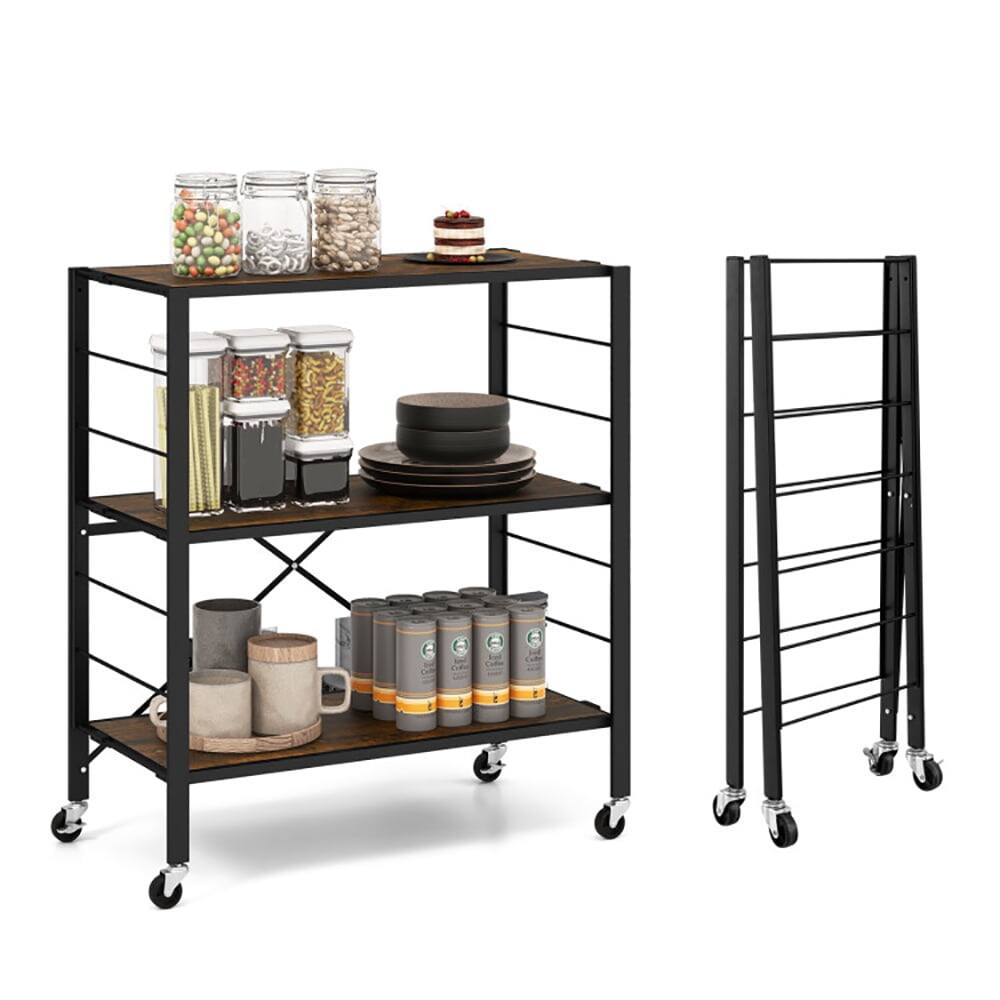 Angle. Kadyn - 3-Tier Foldable Shelving Unit with Detachable Wheels and Adjustable Shelves-Black, Tower Rack Serving Trolley - Brown.