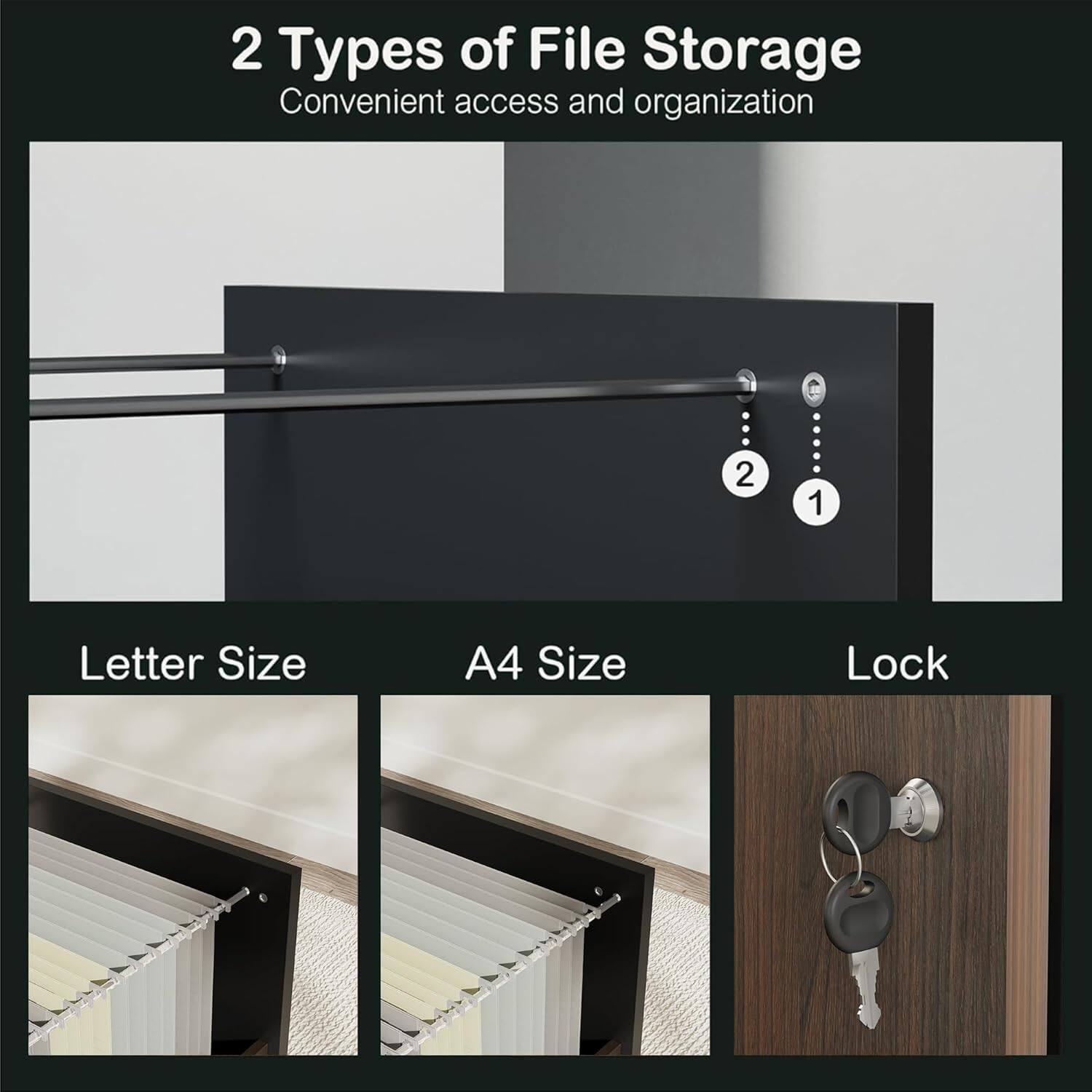 2 Types of File Storage  
Convenient access and organization  

1. Letter Size  
2. A4 Size  
3. Lock