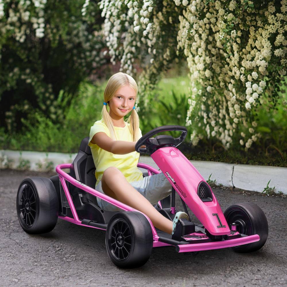 Angle. BreeBe - Aosom 24V Electric Go Kart, 8.1 MPH, Drifting Car Ride On Toy with Slow Start, Music, Horn, Safety Belt, Ages 8-12 - Pink.