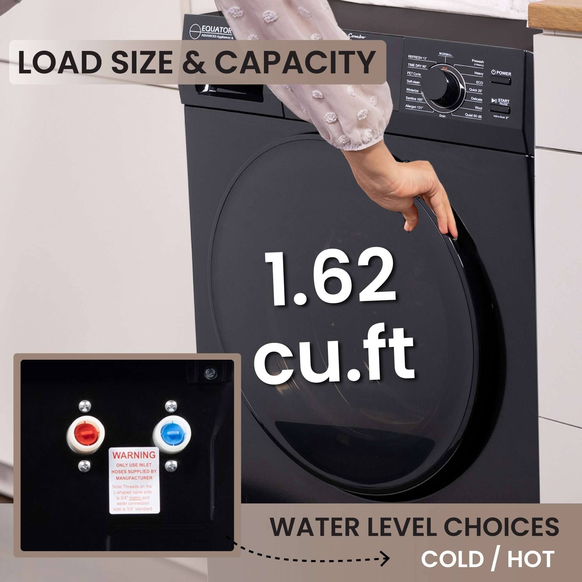 EQUATOR

LOAD SIZE & CAPACITY
1.62 cu.ft

WARNING
ONLY USE INLET HOSES SUPPLIED BY MANUFACTURER

WATER LEVEL CHOICES
COLD / HOT