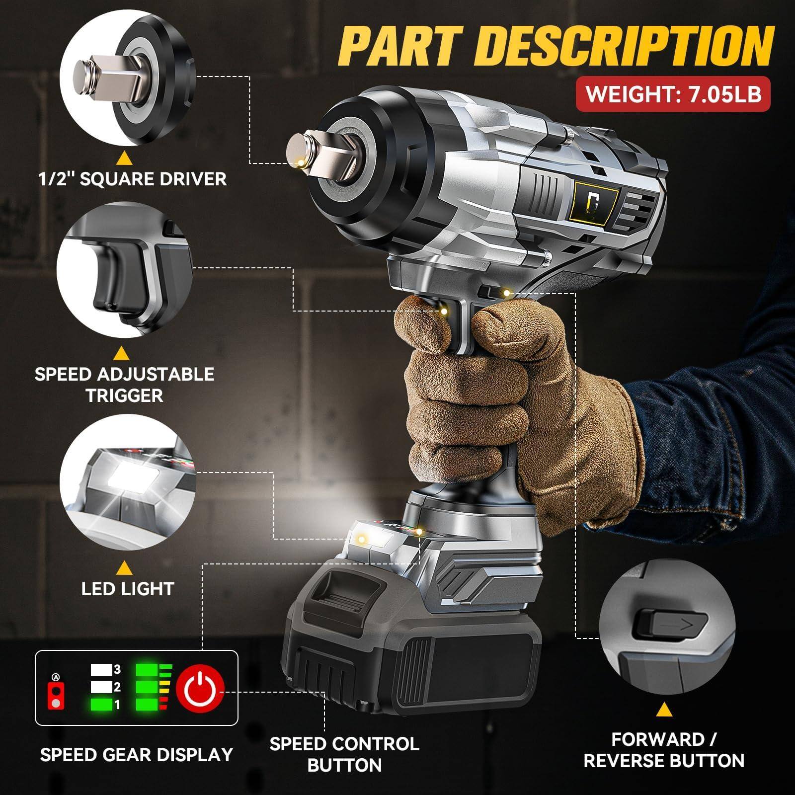 PART DESCRIPTION  
WEIGHT: 7.05LB  

1/2" SQUARE DRIVER  
SPEED ADJUSTABLE TRIGGER  
LED LIGHT  
SPEED GEAR DISPLAY  
SPEED CONTROL BUTTON  
FORWARD / REVERSE BUTTON