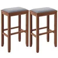 Costway - Set of 2 Upholstered Bar Stools Wooden Bar Height Dining Chairs - White/Gray - Front_Zoom